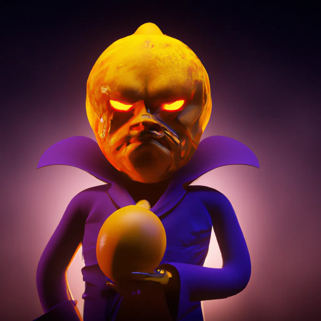 Prompt: Villain lemon with a mask and costume, 3d render, dramatic lighting, horror, creepy, purple, orange