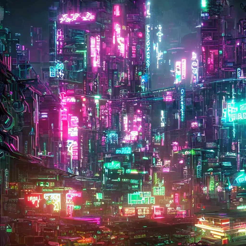 Prompt: neon cyberpunk dystopian city 