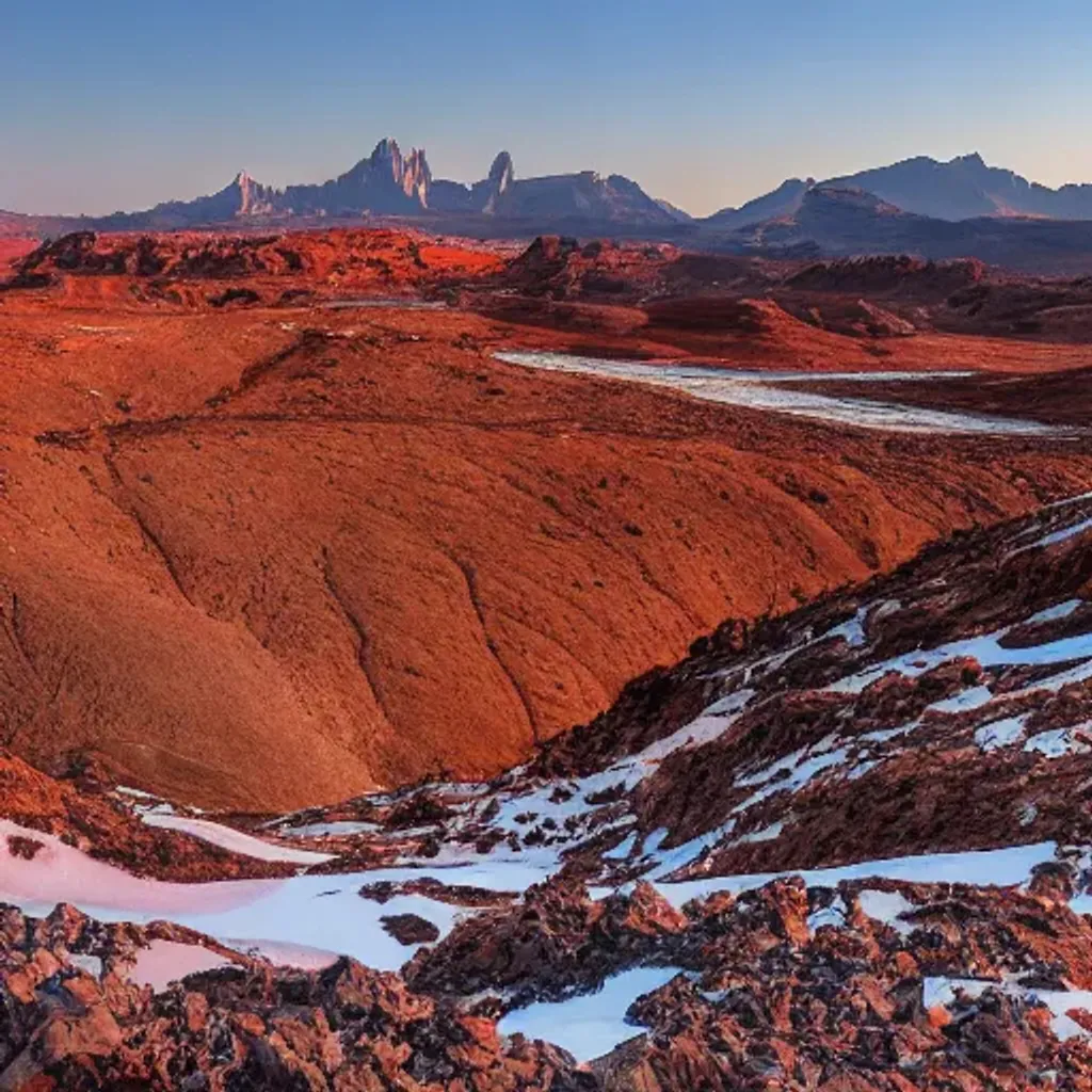 Prompt: Foreground below the mid photo horizon is a moonscape. There is no atmosphere. Craters and caverns cover the land. There is the ground of a alien world in the foreground below the horizon. The foreground is covered with various sharp looking edges of mountains and craters with high reflective surfaces in various iridescent colors. There is ice and rocks and metallic surfaces. Moonscape below the horizon covered with mountains different colored materials shiny also ice with various rainbow issues and iridescence. Background  above the horizon is a galaxy huge looming fluffy central axis spiral arms mini different colored stars gas clouds glowing nebulas moons in the background  different colors pockmarked with craters. The galaxy is close enough to provide light to the scenery. The background above the horizon is a nighttime sky filled with stars and a giant galaxy. The giant galaxy is surrounded by gas clouds nebulas shining stars and moons covered with craters. The night sky above the horizon is dark except for the nebulas, galaxy, stars, moons. The night sky above the mid photo horizon is black and filled with stars and galaxies.