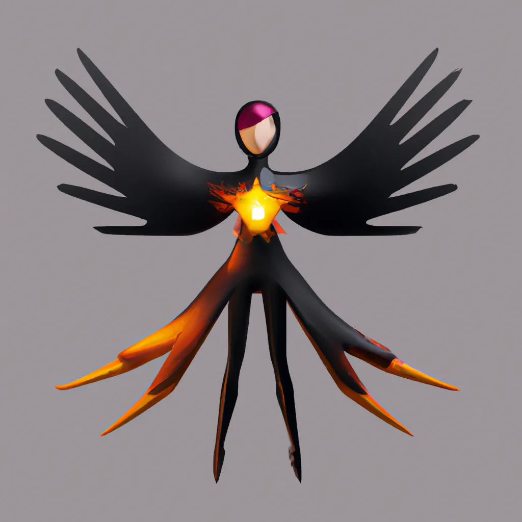 Prompt: Multiverse Avatar character concept, modern 3d female flaming Phoenix bird wearing black superhero outfit