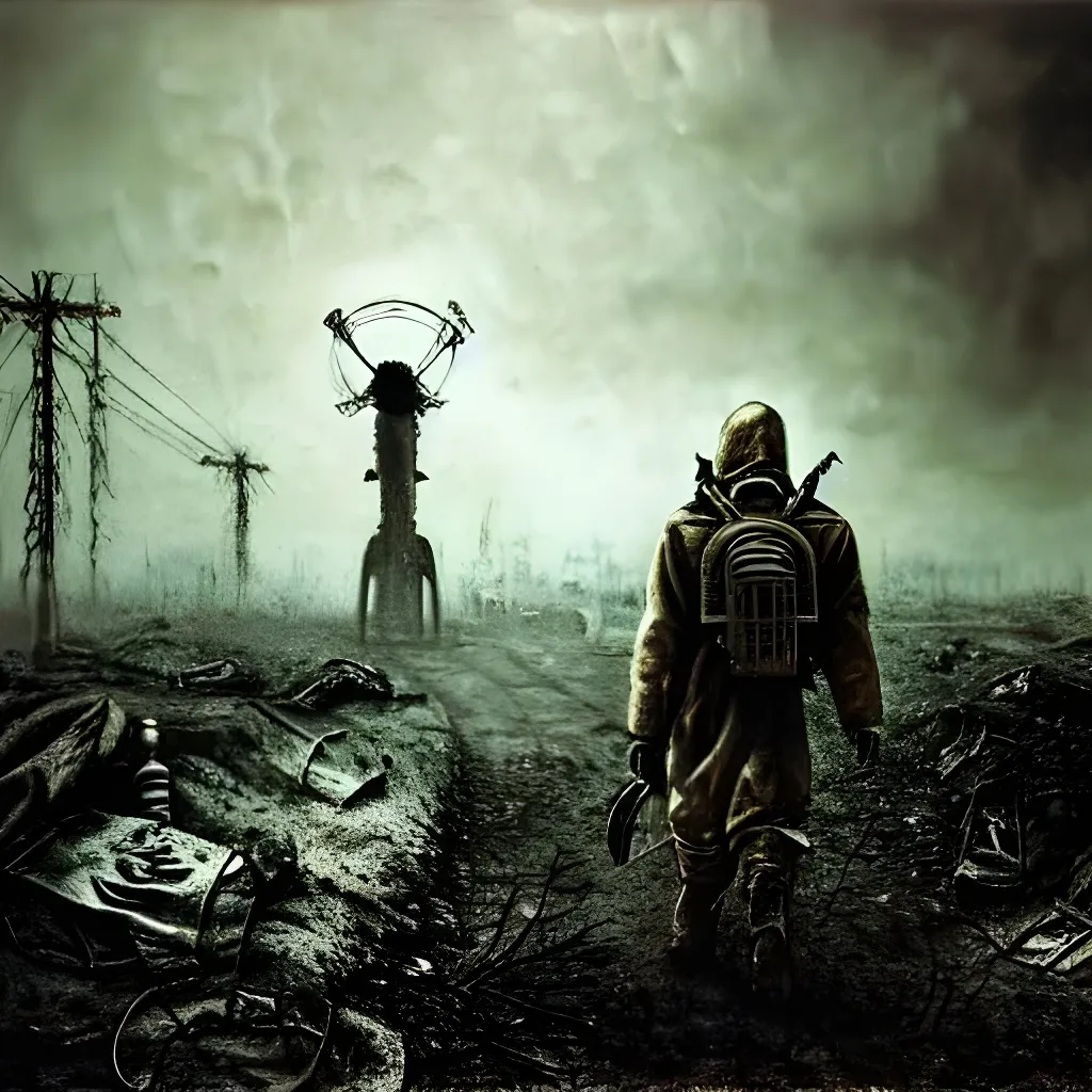 Prompt: Male Survivor wearing a gas mask,a backpack and a trench coat roaming around a post apocalyptic dystopian rotting wasteland, Stalker,fallout 3, chernobyl, radiation, extreme long shot, HD quality, paint, by HR Giger , Zdzisław Beksiński 