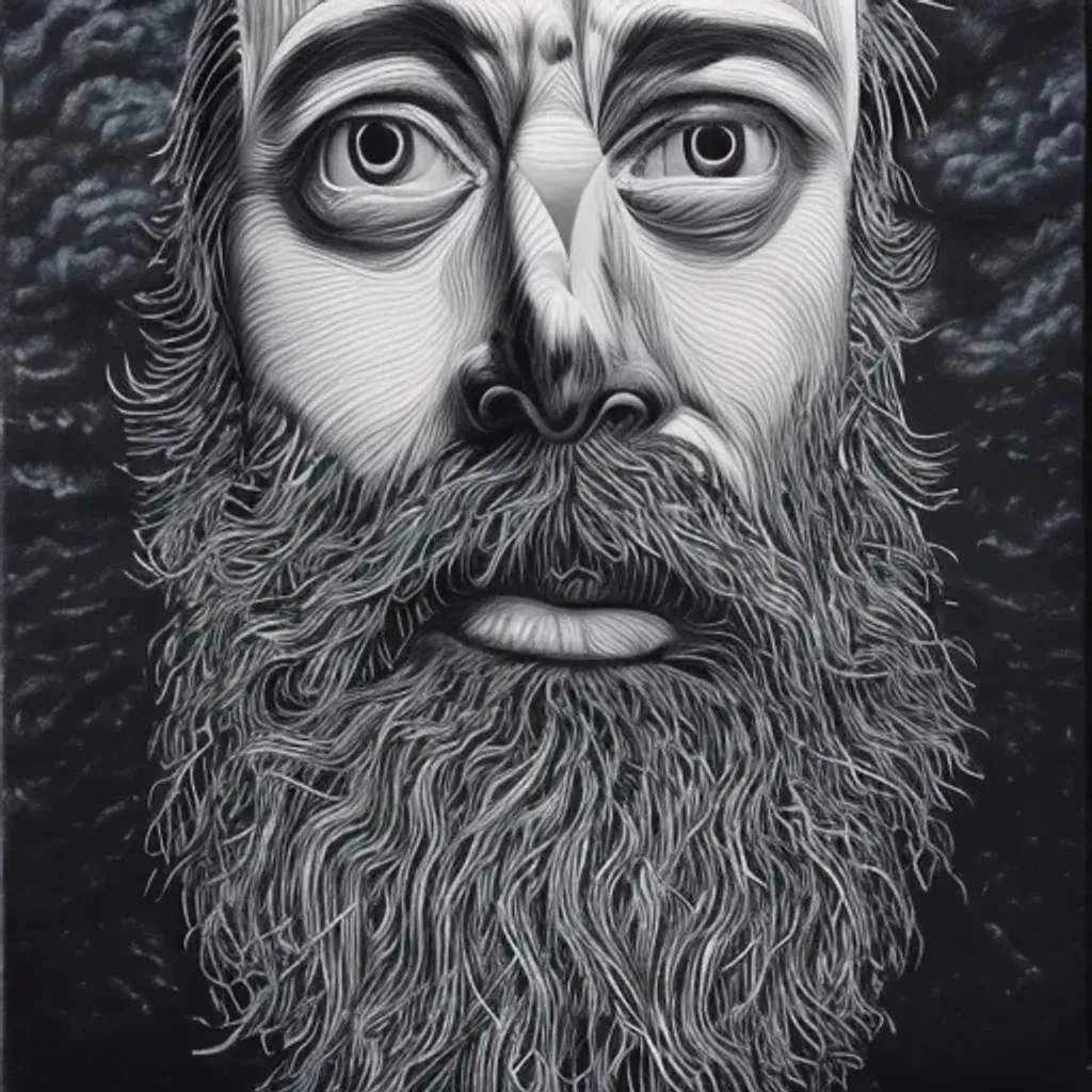 Prompt: A painting of a melted face, beard, hopelessness, black and white, highly detailed, by Junji Ito