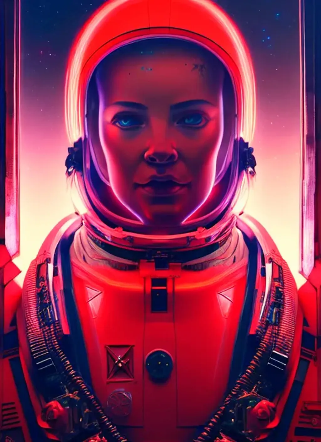 Prompt: Portrait of {Futuristic red neon Cyberpunk Space Suit} with intricate details and earth reflecting on face, {Space station}, perfect composition, hyperrealistic, super detailed, 8k, high quality, trending art, trending on artstation, sharp focus, studio photo, intricate details, highly detailed, by greg rutkowski