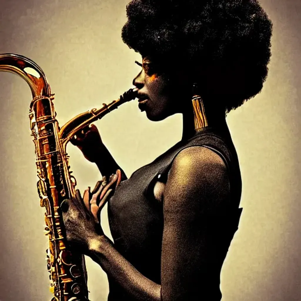 Prompt: black woman playing tenor saxophone, art deco style, dramatic lighting, detailed illustration, unreal engine, sharp focus, golden leaves