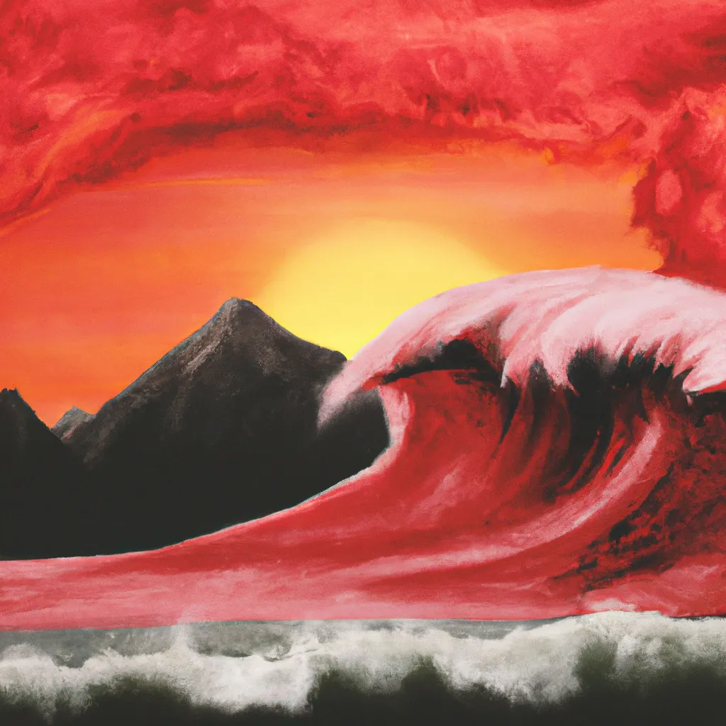 Prompt: A painting of the biggest wave ever surfed in a beautiful red sunset by Dali next to a mountain