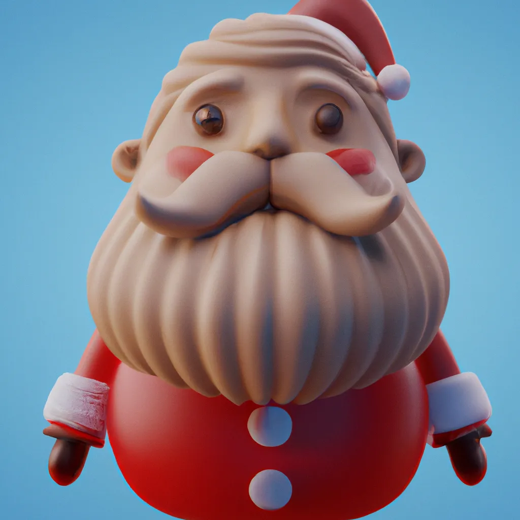 Prompt: 3D render of a cute rounded Santa claus in a clay style, red nose, frontal view, blue background, substance 3d painter, blender, smooth texture, warm lighting, high resolution, trending on behance.net, by Nintendo