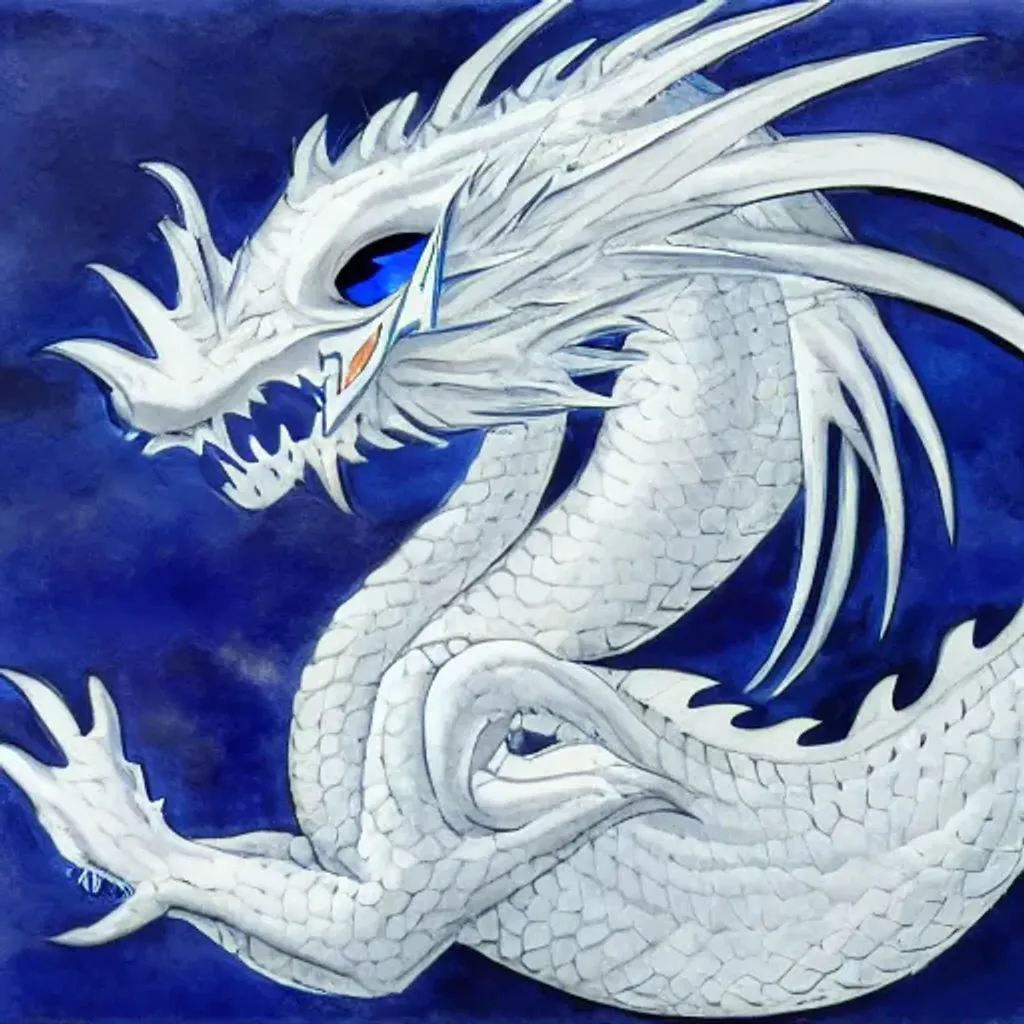 Prompt: a white dragon with blue eyes