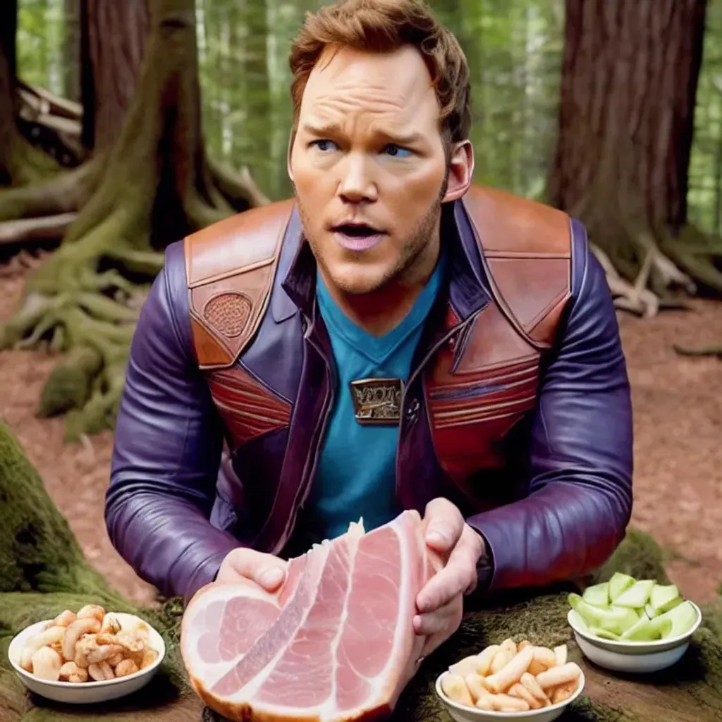 Prompt: "Adventurous Chris Pratt eating "a huge ham" as Peter Quill in the film Guardians of the Galaxy, symmetrical face, ideal human, vivid eyes, detailed hands fingers, Centered closeup half-portrait in a luxurious forest. 16k resolution, intricate hyperdetailed photographic cinematic Anna Dittmann JW Waterhouse Gustave Moreau, cinematic volumetric  lighting, contrasting triadic colours, Nikon, fantasy, HDR resolution, octane render"