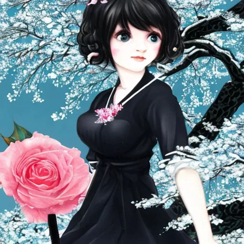Prompt: snow, rose, apricot, plum, meihua, sakura, water, black rabbit, woman, blue dress