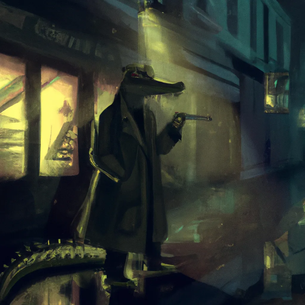 Prompt: A beautiful painting of an anthropomorphic crocodile detective, smoking a cigarette on the street in a rainy night, noir, digital art