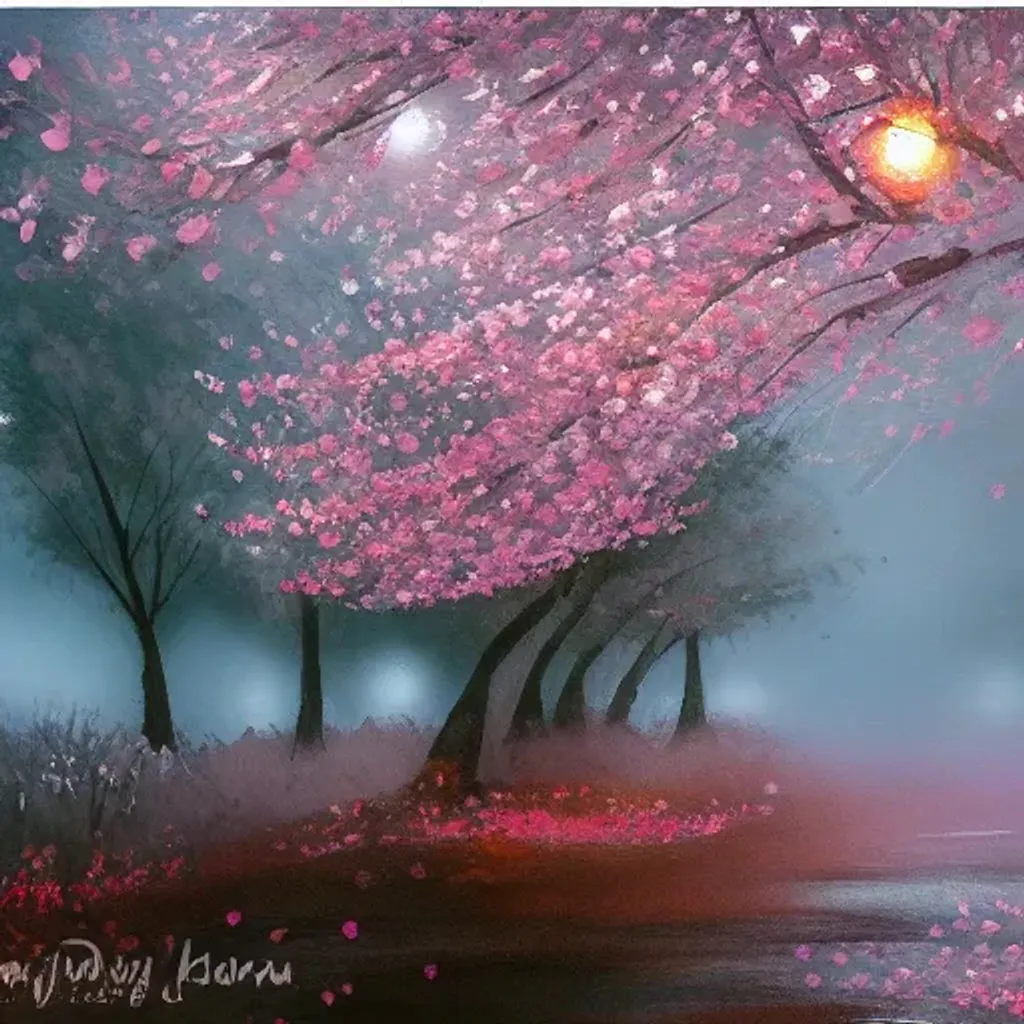 Prompt: cherry blossom painting with fog at night