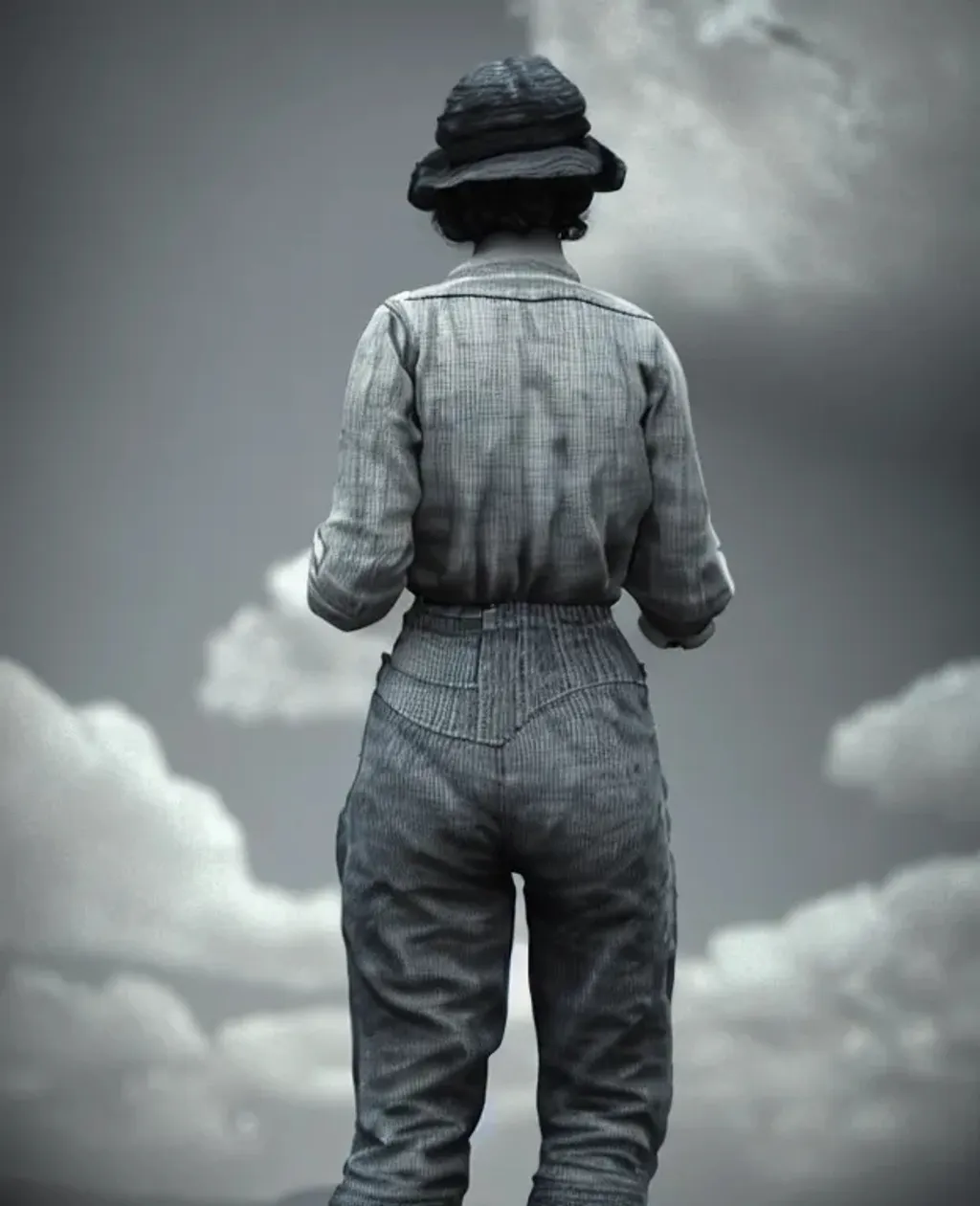 Prompt: a beautiful 1920's female farm worker, worn clothes, beautiful woman, detailed, smooth, sharp focus, illustration, realistic, cinematic, artstation, award winning, rgb , unreal engine, octane render, cinematic light, macro, depth of field, blur, blue light and clouds from the back, highly detailed epic cinematic concept art CG render made in Maya, Blender and Photoshop, octane render, excellent composition, dynamic dramatic cinematic lighting, aesthetic, very inspirational, artgerm