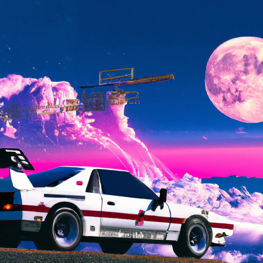 Prompt: a beautiful view of imperial japan, japanese building, spiral galaxy, vaporwave, gorgeous vintage sports car, hiroshi nagai clouds, giant crescent moon in the background, intricate, insane level of detail, hyper-detailed, cinematic, composition, nostalgia and abstract, artstation HQ, 16k