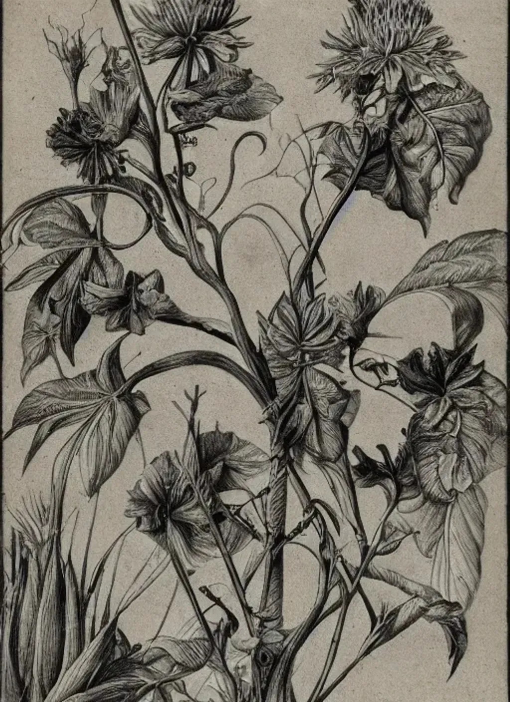 Prompt: botanical drawing, intricate details, balanced, black and grey, 19th century illustration, moody, dark academia