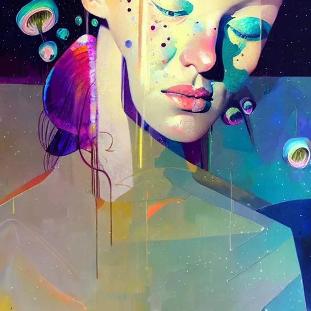 Prompt: Oil painting portrait by Ryan Hewett, Beautiful woman crying iridescent tears, mushrooms, victo ngai, hq, fungi, celestial, moon, galaxy, stars 