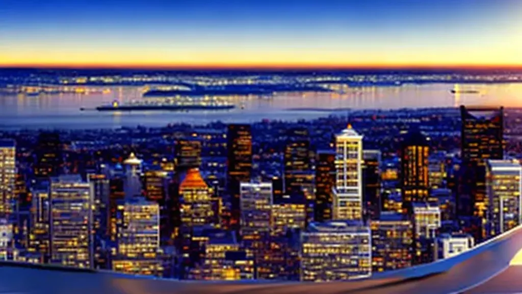 Prompt: Panoramic view from  Seattle Space Needle restaurant`s table to outside, photorealistic highly detailed digital art, golden hour, ray trace, light reflection