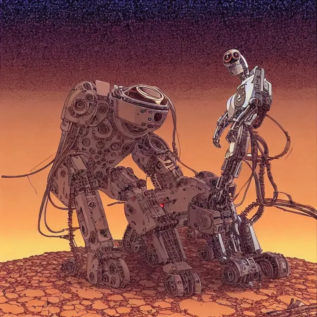 Prompt: Man with long dark brown hair with robotic-cyborg left arm standing in alien dessert next to destroyed robot, by Makoto Kobayashi, by Moebius, by Jean Giraud, manga, anime style, 80's, Intricate, Hand drawn, concept art, grainy color, dim lighting, Anime Key Visual, beautiful composition