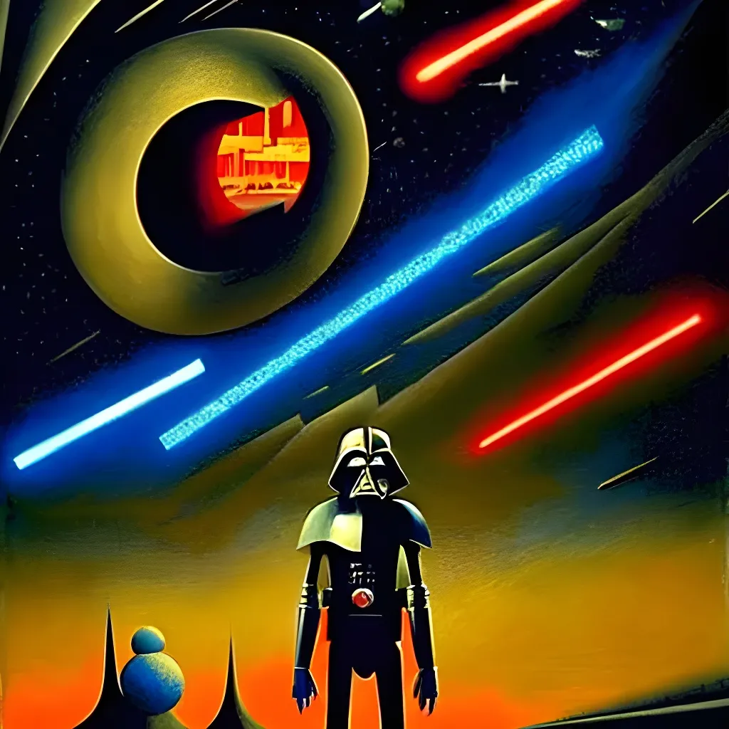 Prompt: Star wars!

Impressive cubism Oil painting matte painting in the style of Dave McKean, Juan Gris, zdzisław beksiński, Tim Burton, Greg Rutkowski, Sho Murase, Dan Mumford. 

Inspired by outer space. 

Futuristic, epic, legendary,  cosmic, glowing, neon, cyberpunk, glitter, flashing, storms, milkyway, supernova, astronaut, space, galaxy, interstellar, universe, space, alien,  UFO, black hole, planets, holographic, astral, cinematic stunning intricate, mathematical, detailed, dramatic, atmospheric maximalist.