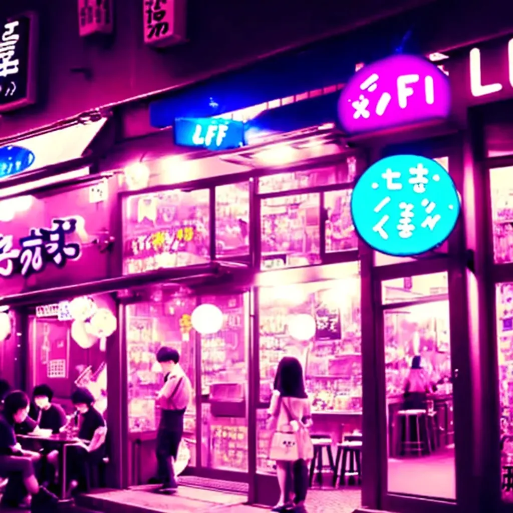 Prompt: Lo-Fi Candy Bar, Anime, Tokyo cafe night time