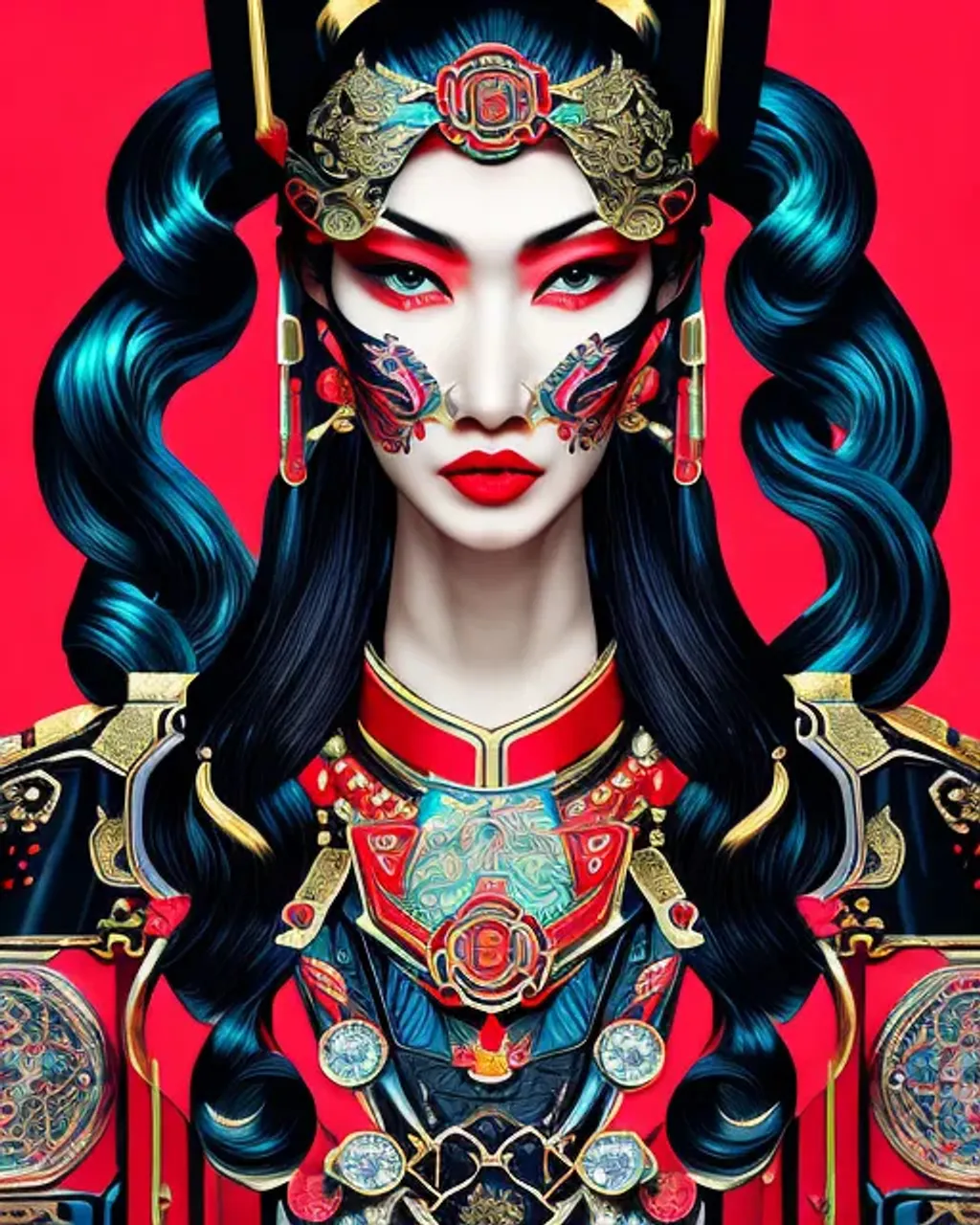 Prompt: portrait of a chinese cyberpunk machine, machine face, arms, upper half portrait, decorated with chinese opera motifs, regal, asian, fine china, wuxia, traditional chinese art intricate intense elegant 京 剧 highly detailed digital painting artstation concept art smooth sharp focus illustration, art by artgerm and greg rutkowski alphonse mucha 8 k 