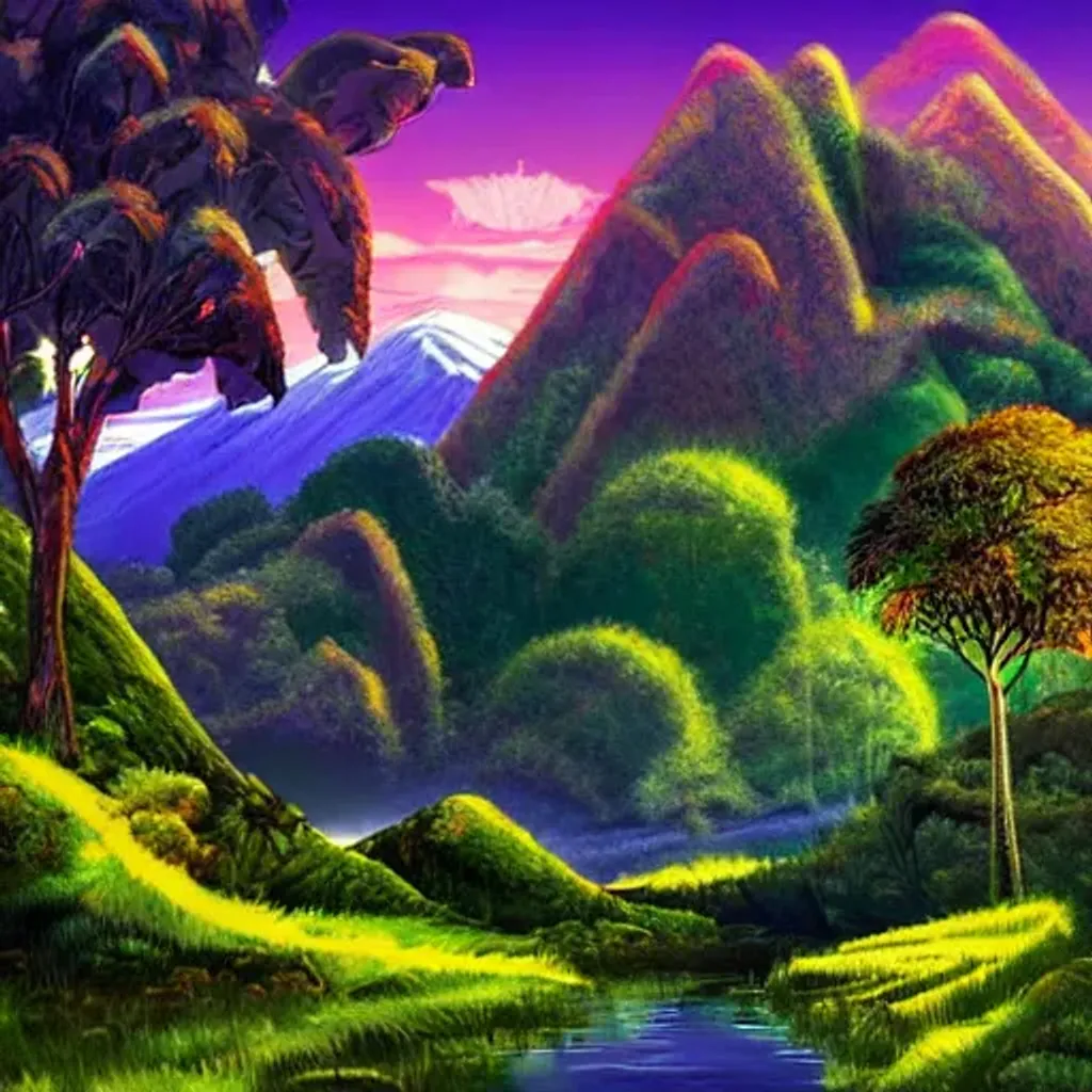 Prompt: nature spirit, trees, mountains, jungle, friendly, wonderous, fantasy art, in style of Niall Ferguson and Dale Gallagher

