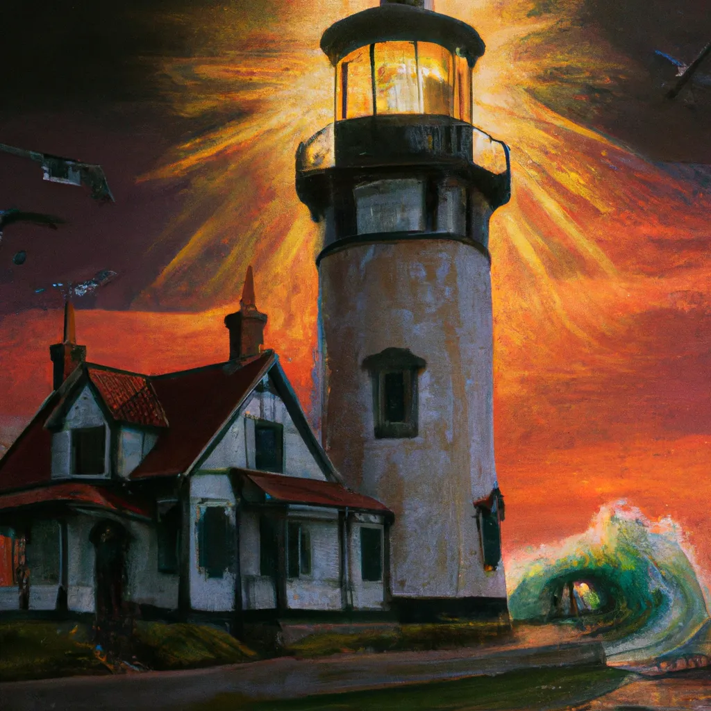 Prompt: a hyperrealistic oil painting of a lighthouse being attacked by a kraken monster at dusk. All of the lighthouse’s windows are illuminated by warm interior light. In the style of Thomas Kincade