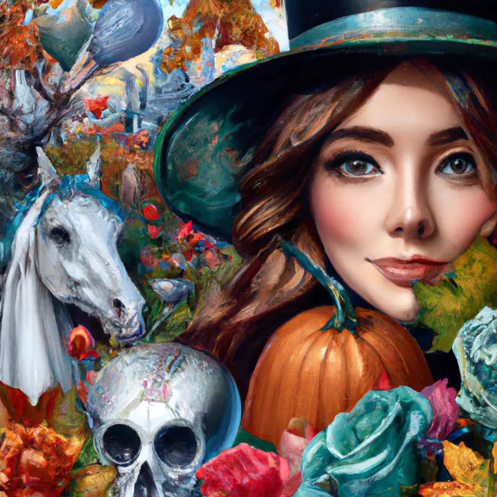 Prompt: Detailed hyper realistic sharp digital airbrush by Anna Dittmann, preston blair, Tom Bagshaw, eyvind earle, tim Burton, Gil Elvgren. Portrait of Autumn landscape with A Scary Haunted Horror spooky ghost woman. Desire love ghosts friendship blessings femininity strength healing ecology stars pumpkins lillies magic steampunk  robot