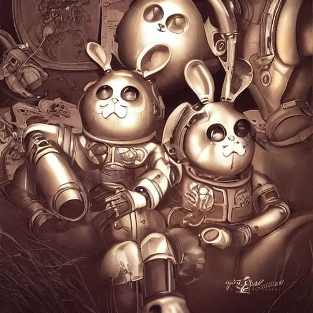 Prompt: A robot is serving Dali and Escher and Klarwein posing as cute bunnies. | by Artgerm artstation 