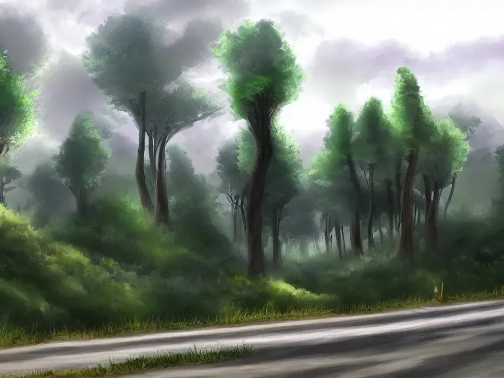 Prompt: Tress near road at cloudy morning, fantasy art trending on ArtStation