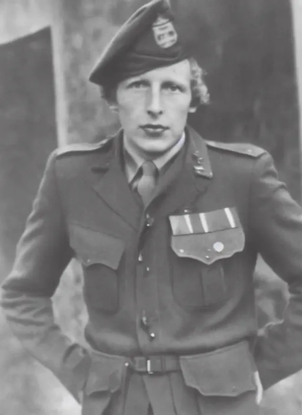 Prompt: Photograph of Tom Baker as a soldier in World War II, black and white