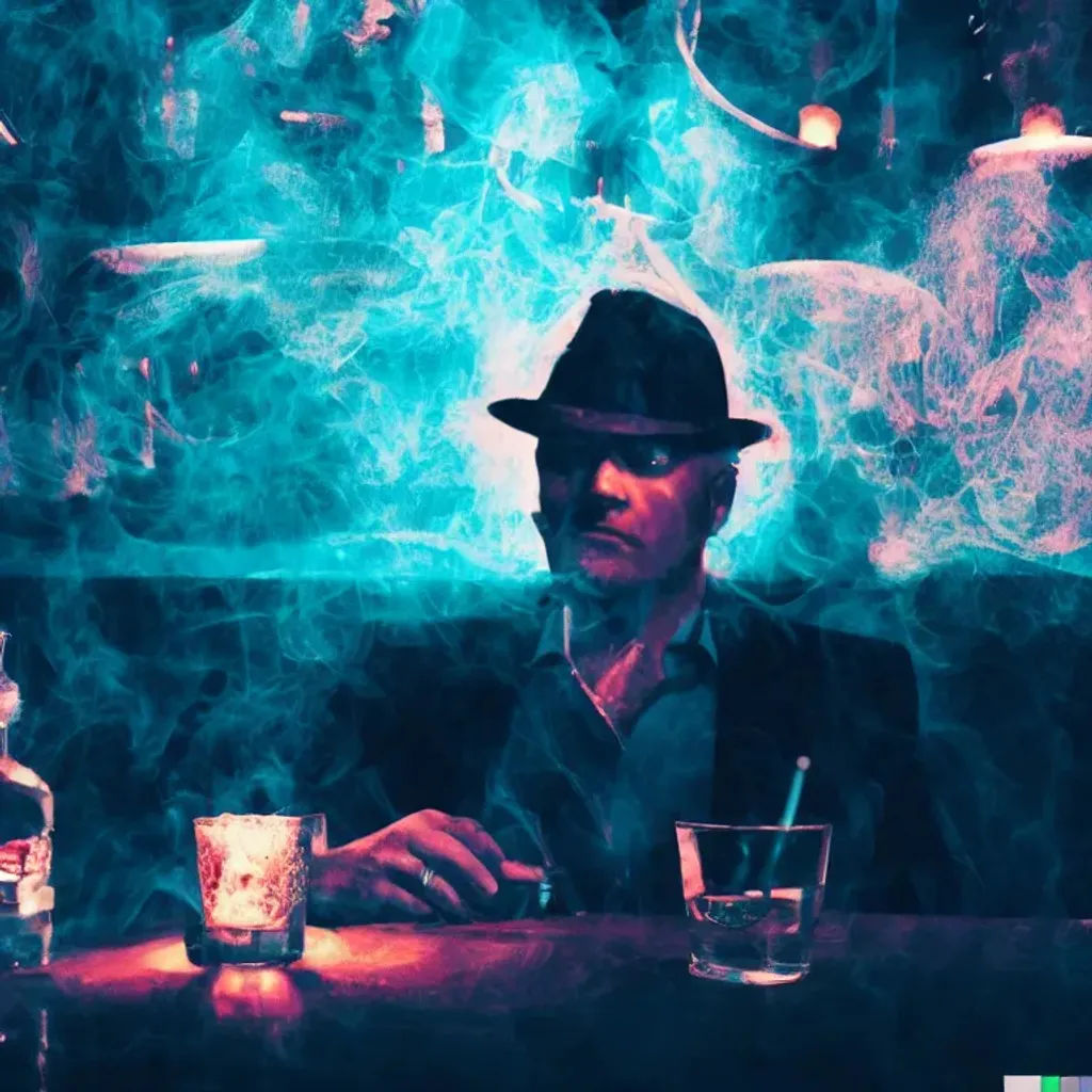 Prompt: photo of a gangster in speakeasy bar, magnificent, elegant, beautiful, dynamic lighting, ocellus, theme park, fantastical, light dust, elegant, diffuse, grimmer, intricate, light dust, orange and teal contrast volumetric lighting, triadic colors, splash art