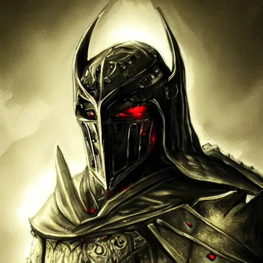 Prompt: Dark and terrifying knight with glowing eyes and bloody armor, shadowed, night time, HD, realism