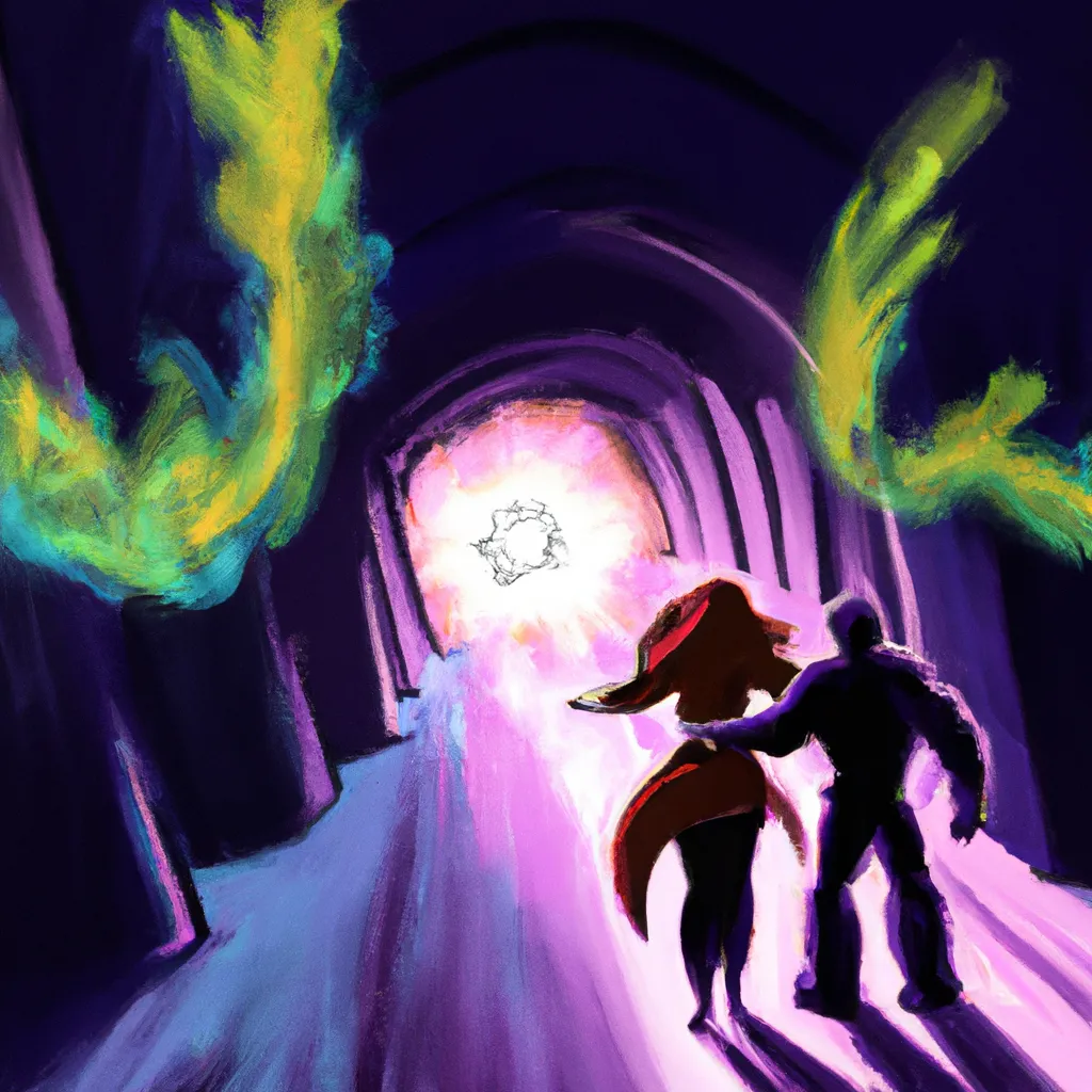 Prompt: A 5' 2" woman with medium length curly burgundy hair doting on a 6' thin balding man with a kind smile and love in his eyes hold each other's hand as they fight shadow monsters with flaming swords in a very dark tunnel towards a small aurora borealis colored exit in the far distance.