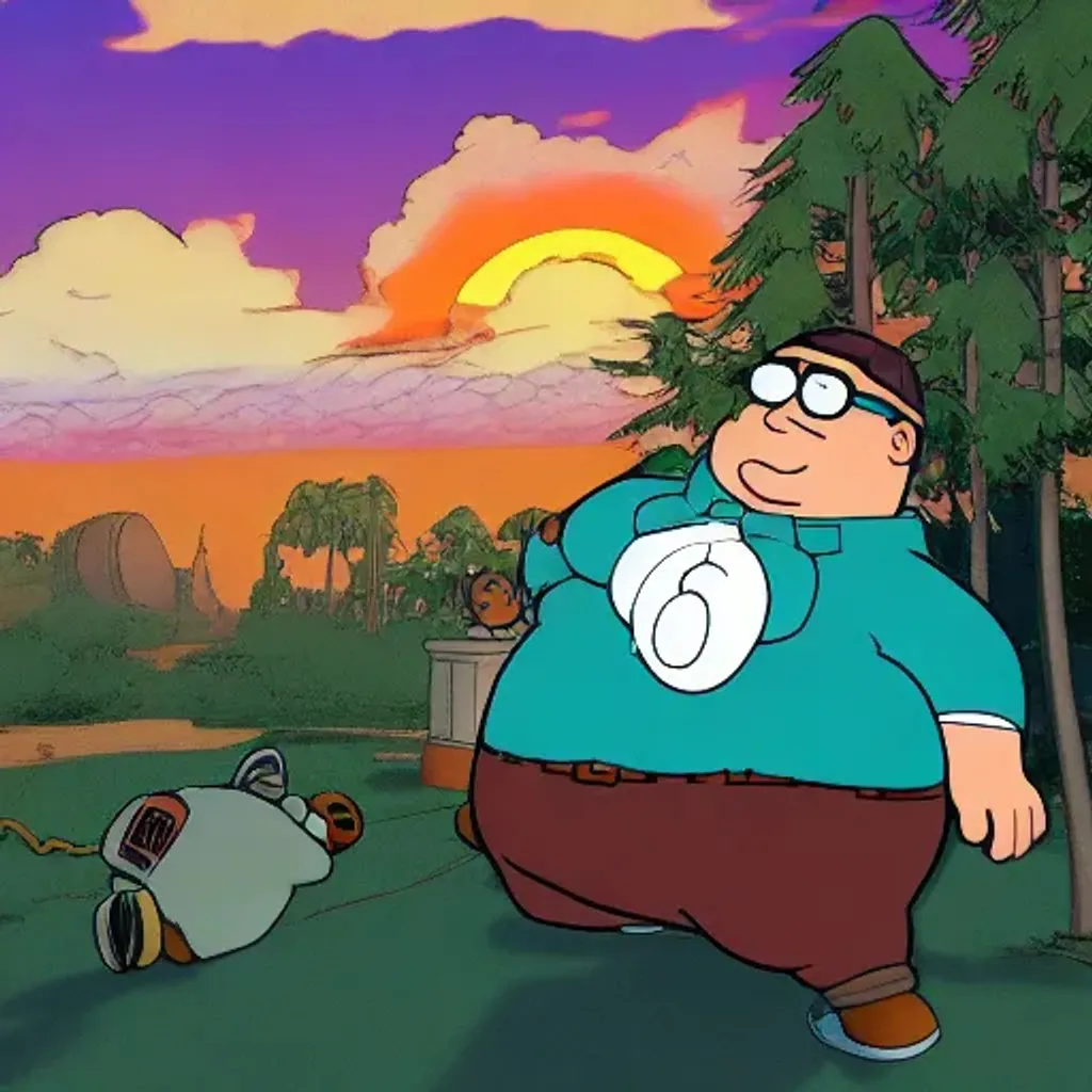 Prompt: Peter Griffin turned into Garfield and does a Big Chungus Double reach around. Sunset. With NPC Stonks.