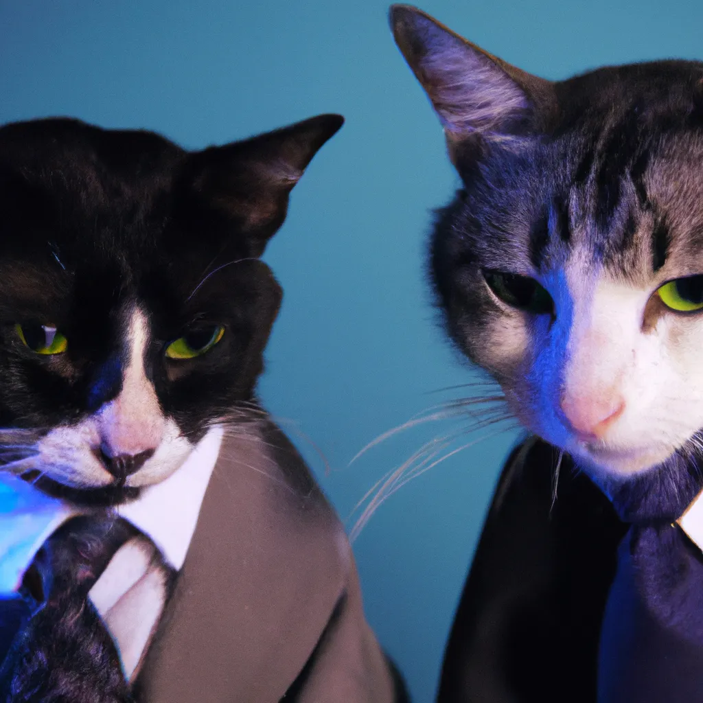 Prompt: A photograph of two cats in business suits having a meeting, dark lighting, 4K