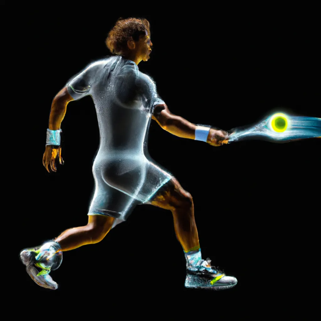Prompt: a smooth transparent clear crystal body of Rafael Nadal serving a tennis ball appears to be illuminated by smooth streaks of random lightning bolt wrapping his body in total darkness by Christian W. Staudinger, featured on cg society, perfect composition, black background, darkness, holography, backlight, transparent crystal, chiaroscuro, bioluminescence, opalescent, iridescent, x-ray hologram | 3d octane render | octane lighting | dream fantasy | centered | octane render artstation trending 8k ultra-detailed  | sharp focus golden ratio | Disney Pixar Dreamworks 