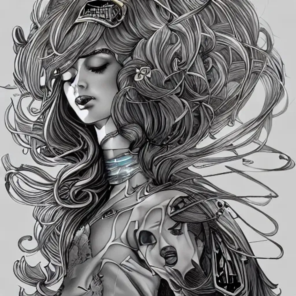 Prompt: gold and silver tones, cybernetic princess, style of moebius, james jean, mcbess, long glowing ethereal hair, cinematic, highly detailed, award winning
