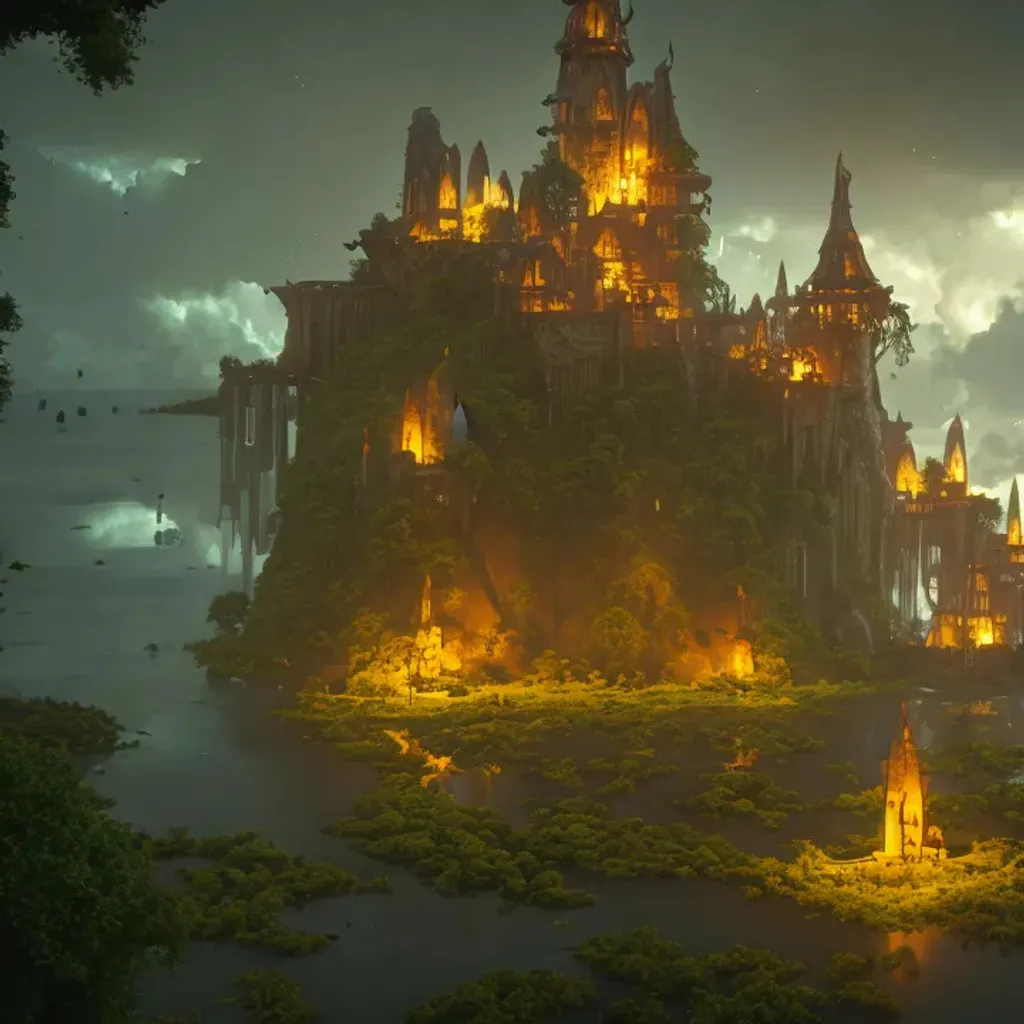Prompt: extremely detailed, 4k, concept art, shadow island fantasy castle, centered, volumetric lighting, wearther rain ,masterpiece, award winning ,night , 