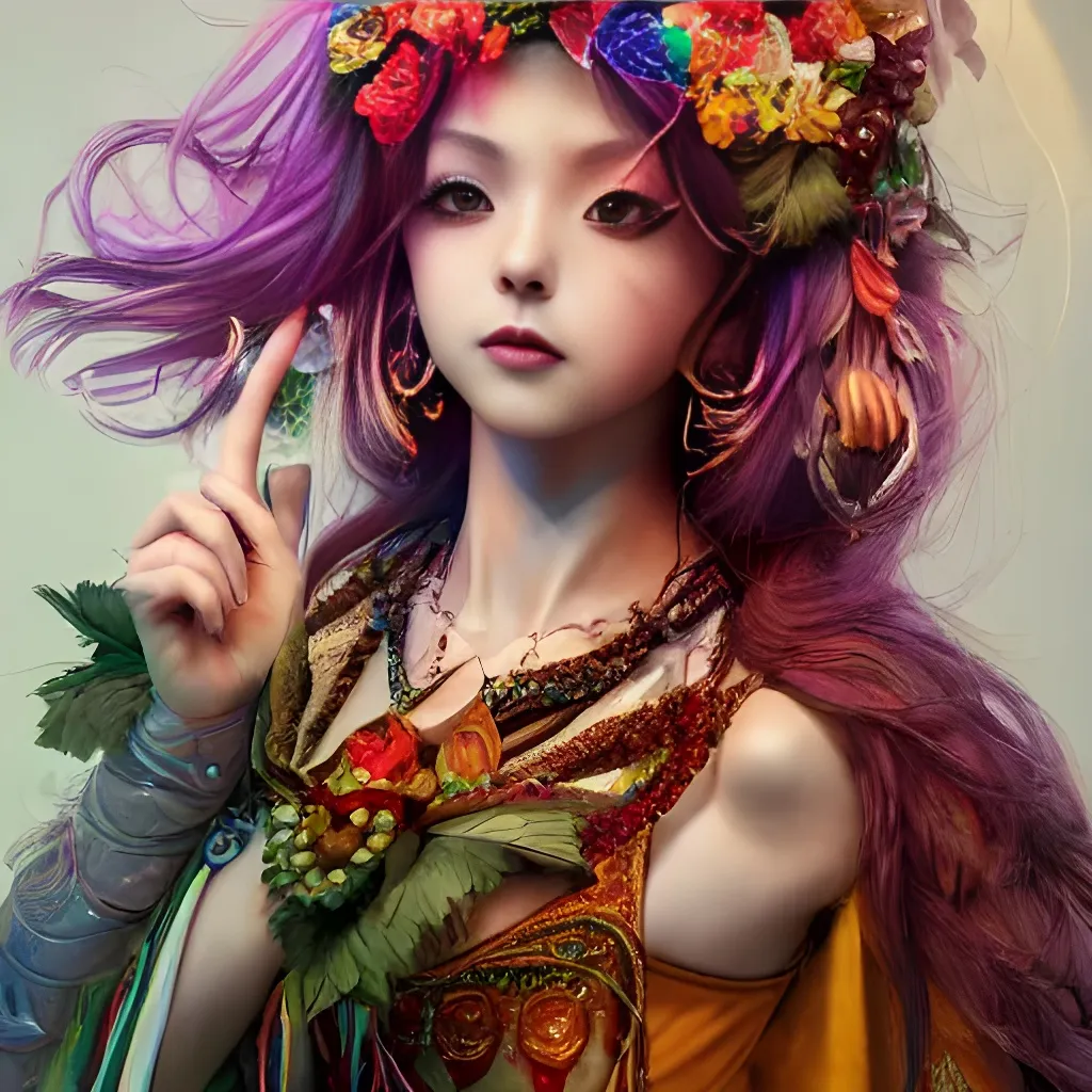 Prompt: studio photo of colorful female druid as absurdly beautiful, elegant, young smiling gravure idol, ultrafine photorealistic face illustration by kim jung gi, irakli nadar, intricate linework, sharp focus, bright colors, matte, octopath traveler, final fantasy, unreal engine highly rendered, global illumination, radiant light, intricate environment