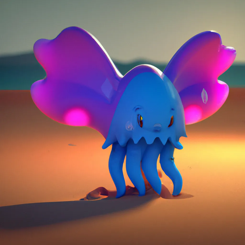 Prompt: Cute monsters on the beach flying dreamlike, cute 4d rendered, bioluminescent, sharp focus, cinematic, extremely detailed, studio quality, trending in artstation, smooth