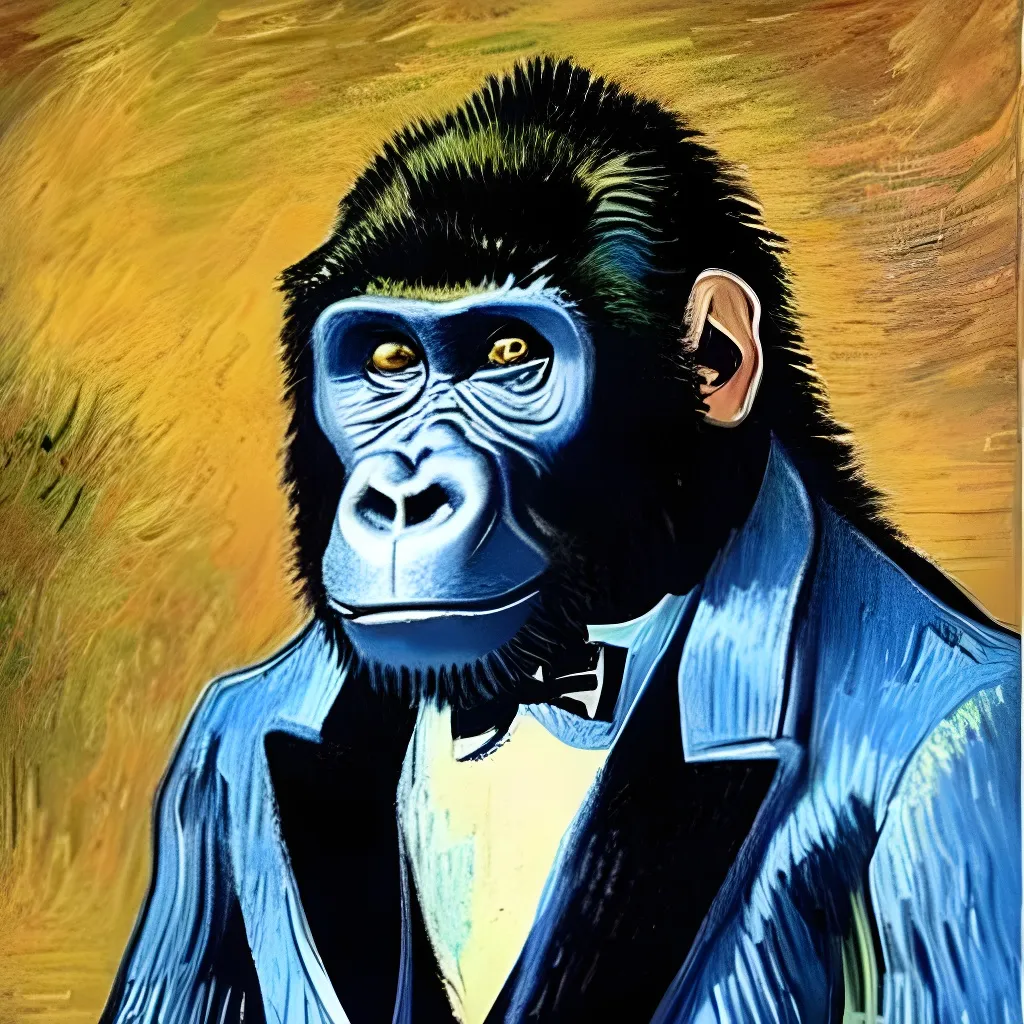 Prompt: A highly detailed and high quality oil painting of a gorilla wearing a tuxedo,by Vincent Van Gogh 