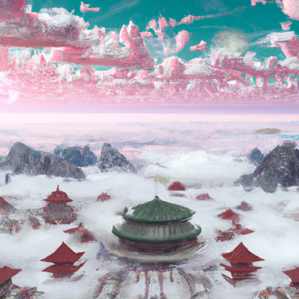 Prompt: Many ancient Chinese buildings, clouds, atmosphere, many mountains, big scenes, very fine, ultra-high definition, 4K, panorama, red, white, surreal