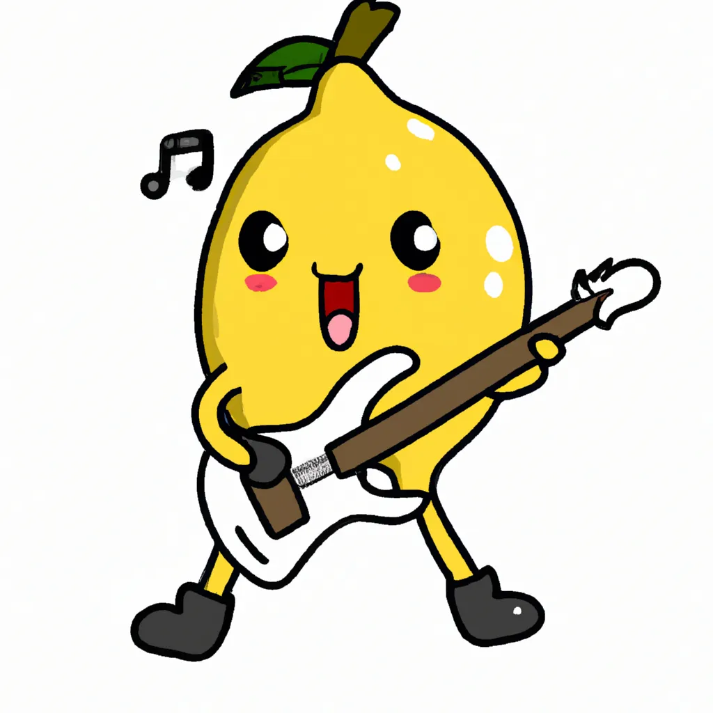 Prompt: a cute, happy, kawaii, cartoon lemon playing an electric guitar