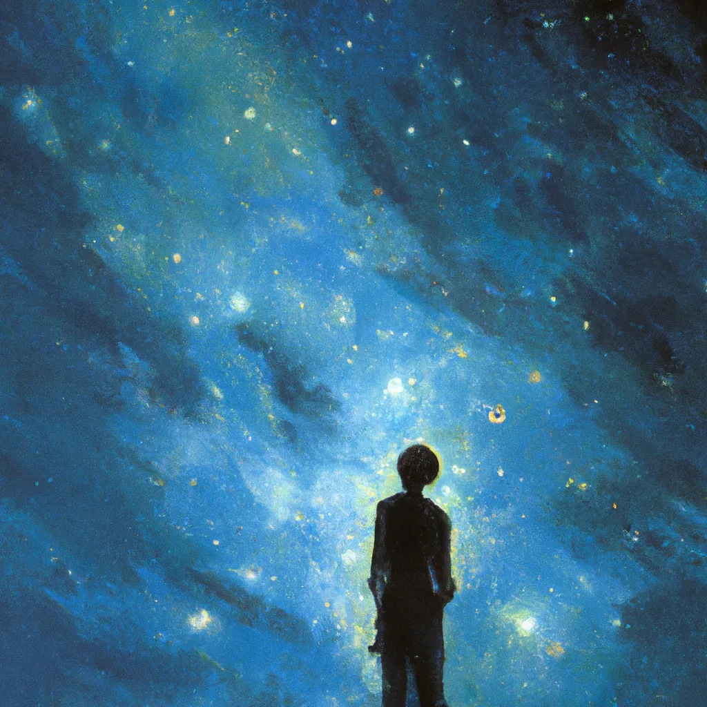 Prompt: a painting of a person standing in front of a sky full of stars, a detailed painting by Makoto Shinkai, deviantart, space art, sense of awe, apocalypse art, deviantart