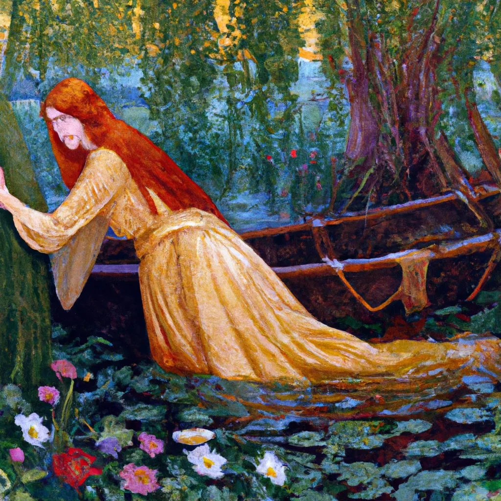 Prompt: "The Lady of Shalott" by John William Waterhouse, in the style of Elsa Beskow 