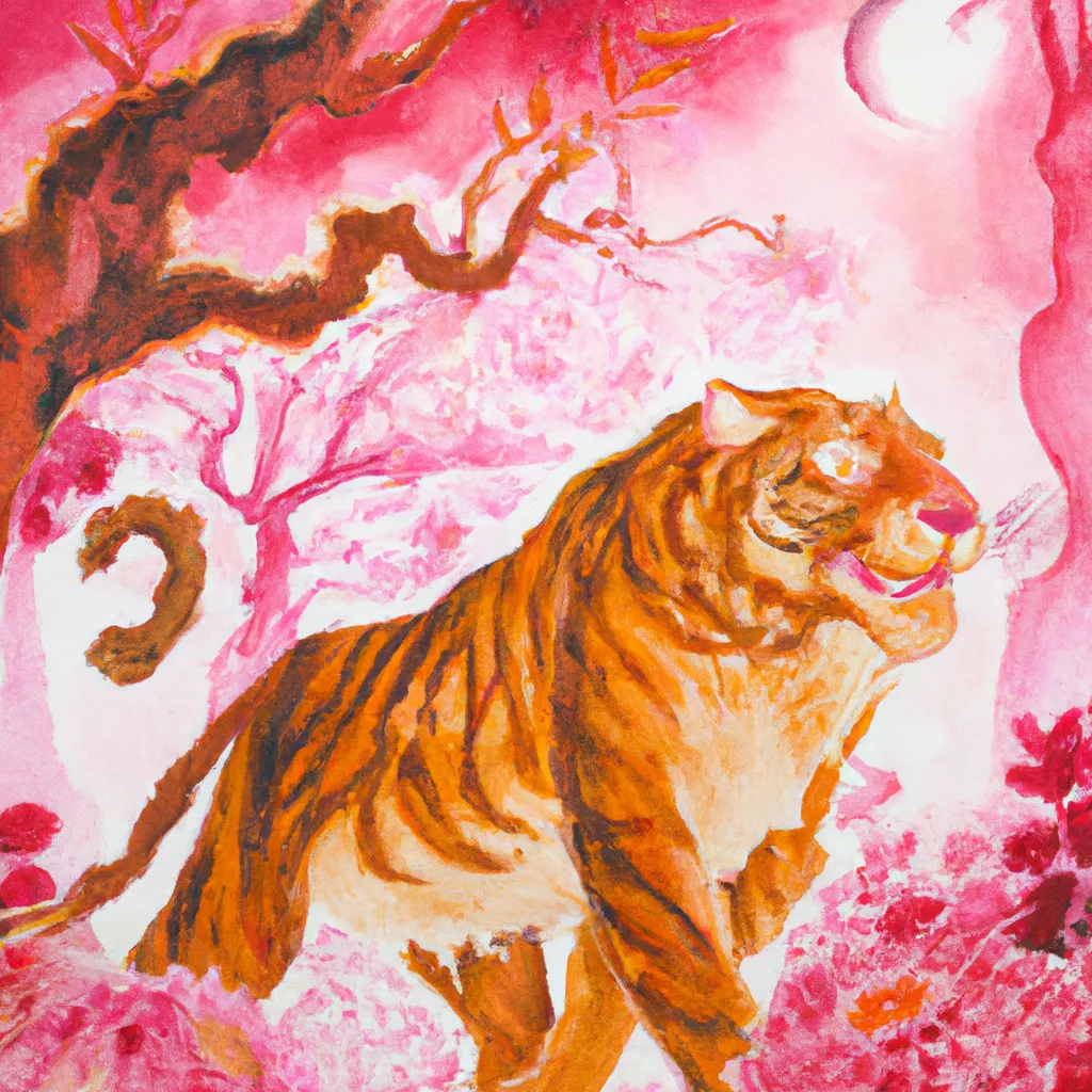 Prompt: watercolor fantasy concept art, magic tiger wandering in a pink forest, by alphonse mucha
