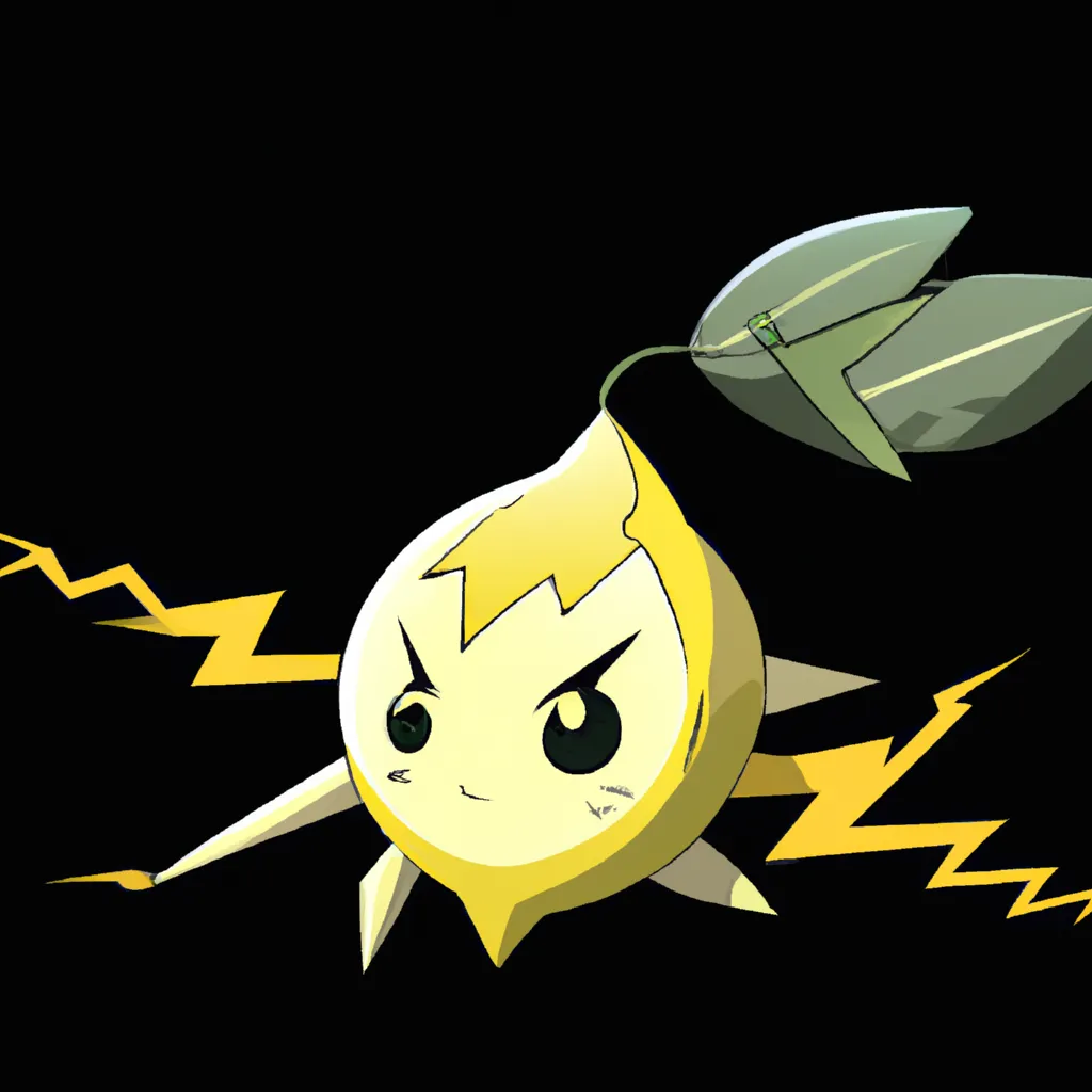 Prompt: a lemon pokemon character, rare electric pokemon evolved, legendary lemon electric, lightning, anime, cartoon, studio ghibli, masterpiece