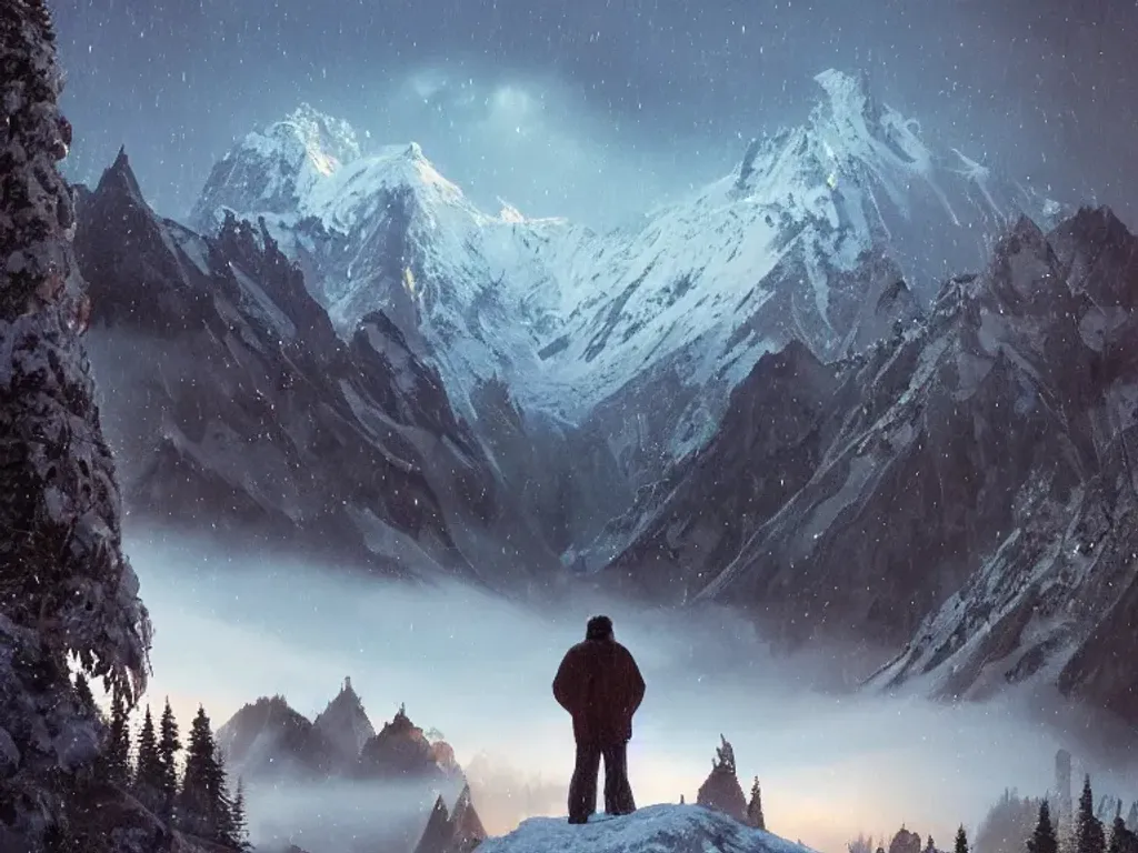 Prompt: A cute K. Trevor Wilson, intricate wispy beard, a intricate iridescent fantasy jacket, sparkly snowy mountains at night, stunning environment, dusk, mist, dramatic lighting, highly detailed, intricate, dreamy magical atmosphere, ultra wide angle lens, Greg Rutkowski