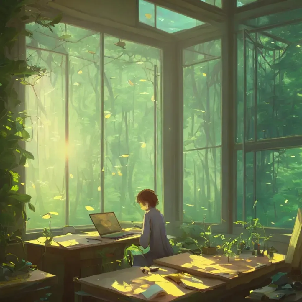 Prompt: beautiful oil painting of a study, desk, many fireflies, high ceilings. many plants. light reflections. large windows, a fish tank, sunny day, bedroom, green plants, perfectly shaded, atmospheric lighting, Beautiful Magical forest glen and jungle outside, 
style of makoto shinkai and peter mohrbacher, studio ghibli. artgerm, karol bak, beeple, oil painting style, 8 k hd, ultra wide angle, hyper detailed., CryEngine, in the style of Pixar, studio ghibli, lothlorien tolkien inspired, digital art, fantasy art, concept art, environment art 
