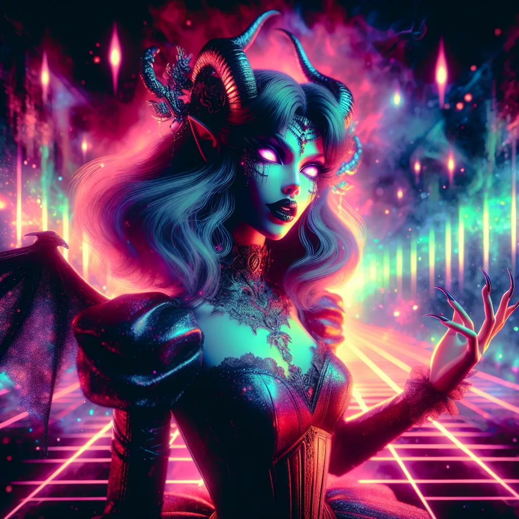 Prompt: Beautiful queen of succubi, demonic figure in a gothic vaporwave setting, dynamic pose, beauty, neon lights casting a dramatic glow, retro aesthetic, high definition, dramatic lighting, demonic, high quality, liminal, vivid colors, detailed features, atmospheric, haunting vibe, surreal, retro-futuristic, intense gaze, otherworldly, dark and unsettling, eerie